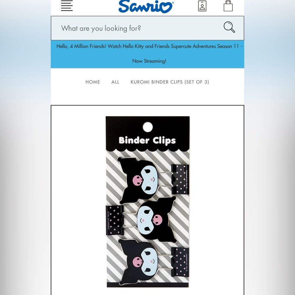 NEW! Kuromi Binder Clips (Set of 3) Sanrio